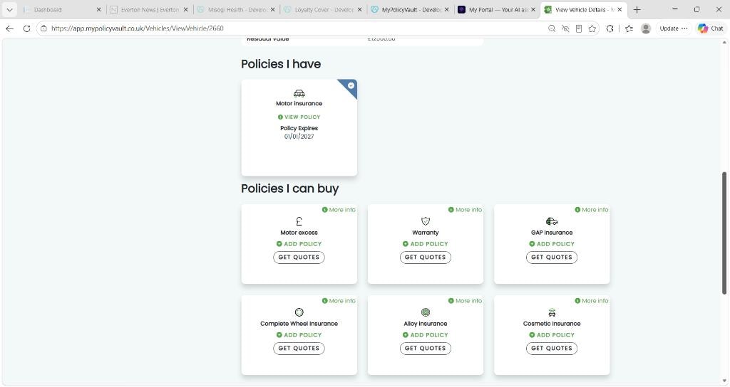 Motor insurance policy detail screen showing policies held and available add-ons